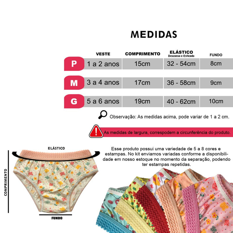 Kit 10 Calcinhas Infantil Algodão Estampada Cós Elástico Menina, FRETE GRÁTIS