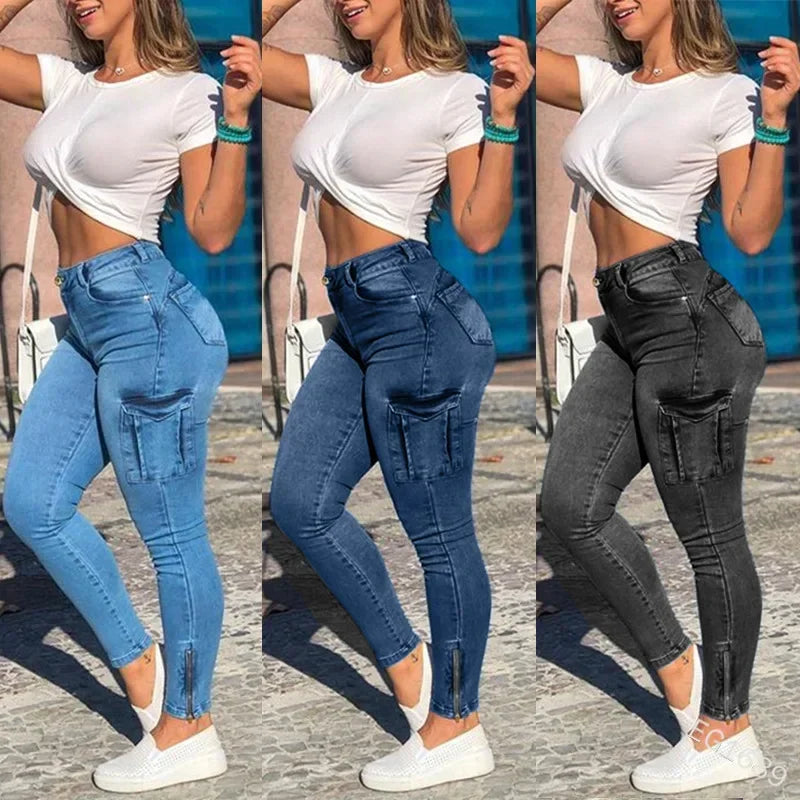 Jeans de cintura alta feminina com bolsos, calça lápis, jeans carga, FRETE GRÁTIS