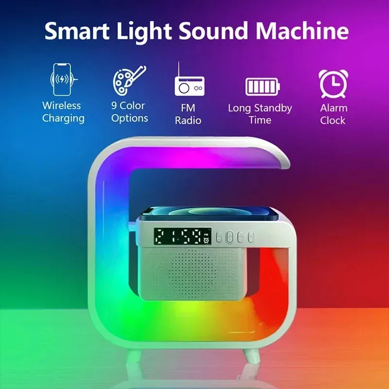 Luminária Inteligente Caixa De Som Bluetooth G Speaker Com Relógio Digital Bluetooth Carregador Sem Fio 3 em 1 Alarme Luz RGB