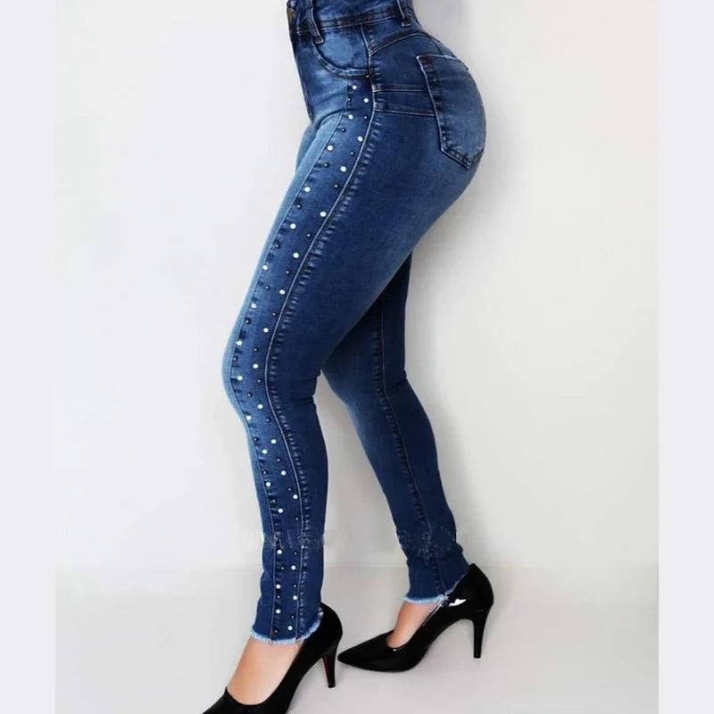 Calça jeans lápis push-up vintage de miçola azul feminina, cintura alta, FRETE GRÁTIS