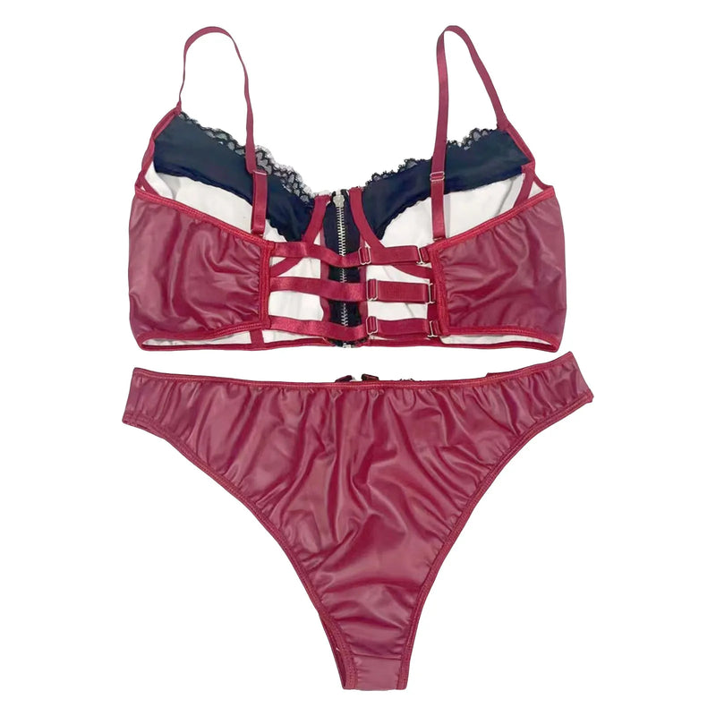 Conjunto 2 peças Roupa interior sexy de couro PU feminino, Lingerie erótica com zíper, Top divertido, Tentação Lingerie