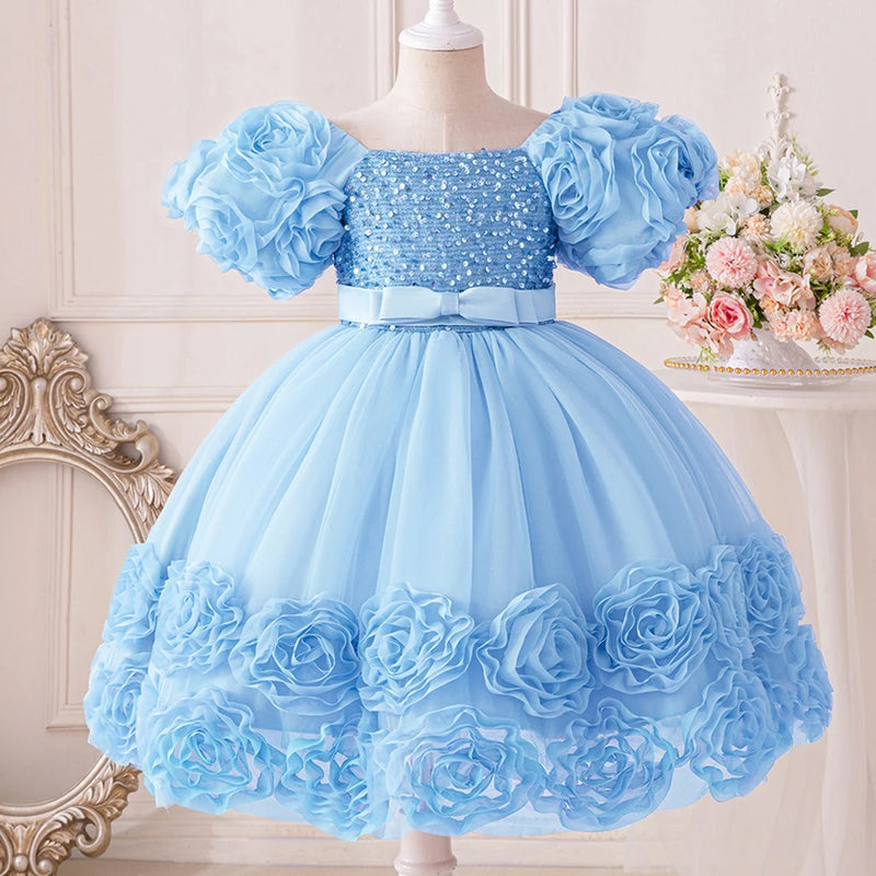 Vestido de festa de princesa com flor 3d, vestido de aniversário com laço, vestidos infantis, FRETE GRÁTIS