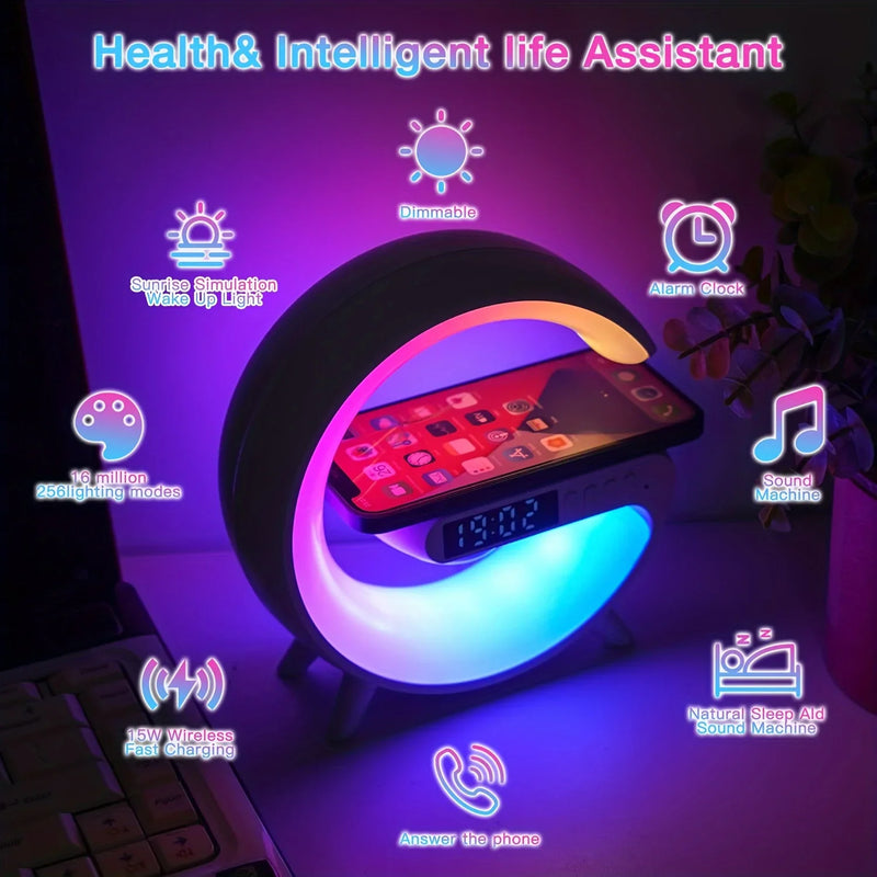 Luminária inteligentes música alto-falante bluetooth 4-em-1 carregador sem fio-decoração de casa elétrica.
