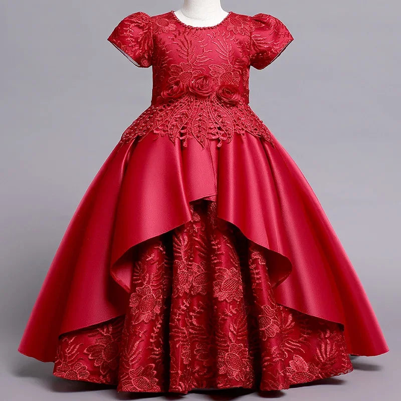 Vestido de seda bordado para meninas, roupas elegantes de desempenho, Infantil, FRETE GRÁTIS