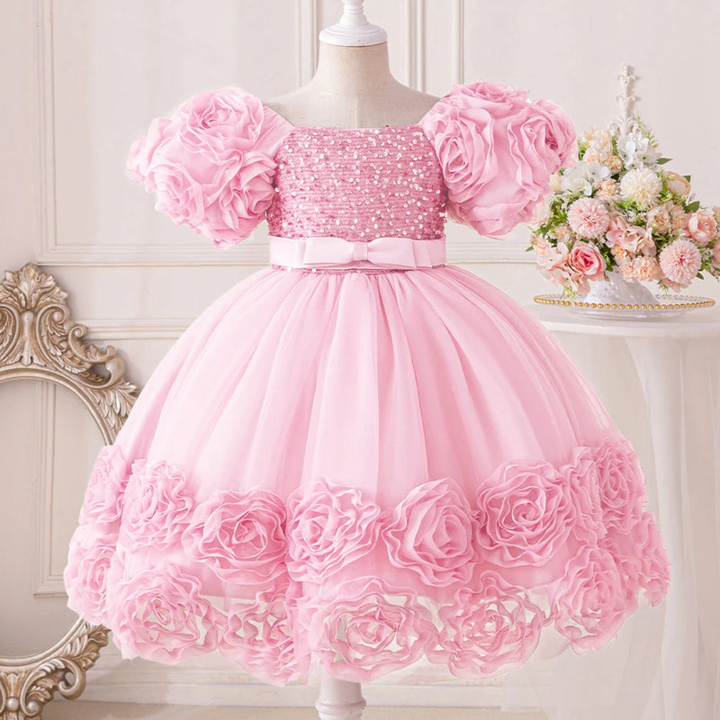 Vestido de festa de princesa com flor 3d, vestido de aniversário com laço, vestidos infantis, FRETE GRÁTIS