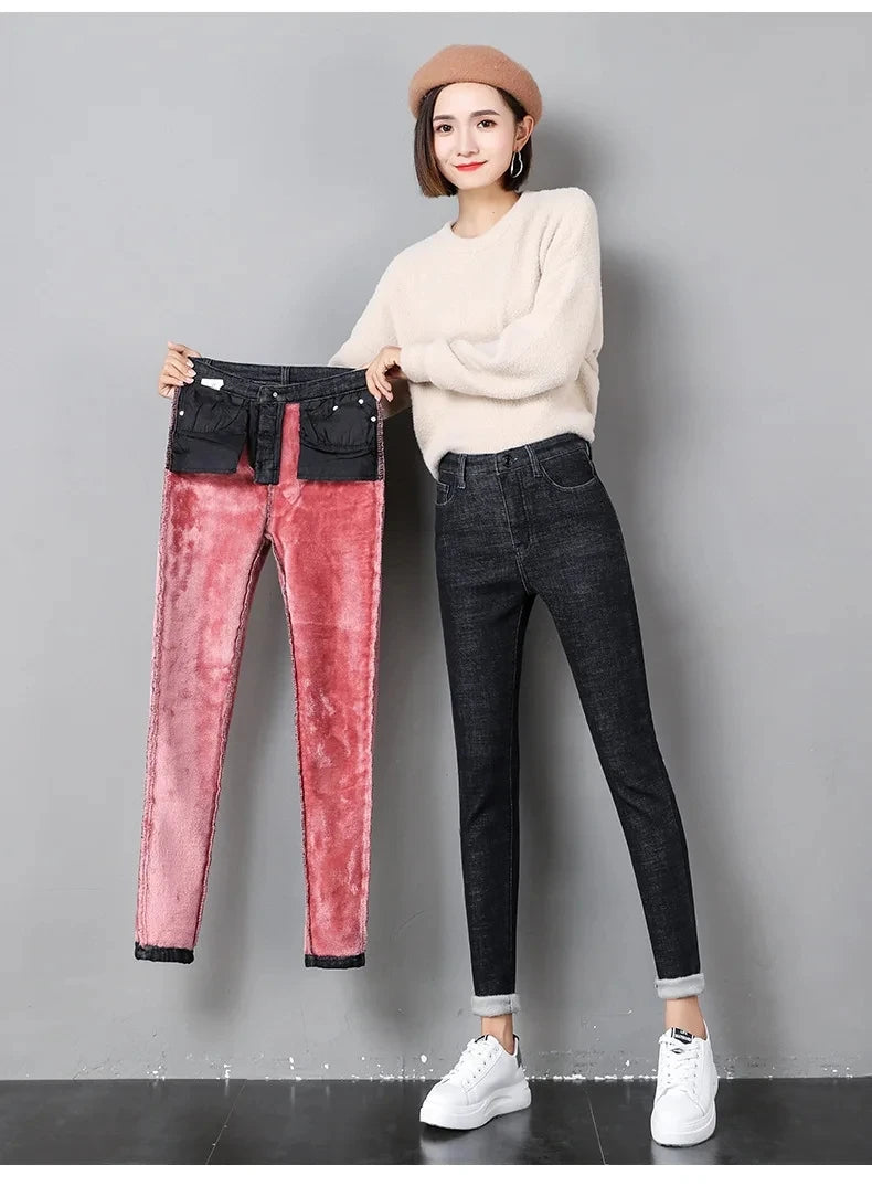 Calça lápis de cintura alta estiramento feminina, jeans de veludo grosso, moda casual, alta qualidade, FRETE GRÁTIS