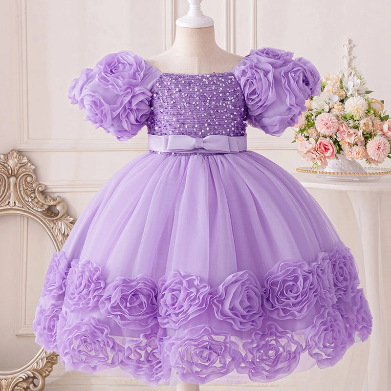 Vestido de festa de princesa com flor 3d, vestido de aniversário com laço, vestidos infantis, FRETE GRÁTIS