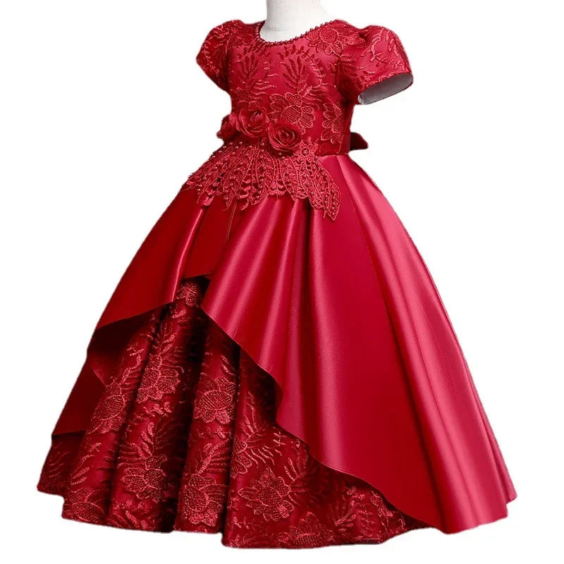 Vestido de seda bordado para meninas, roupas elegantes de desempenho, Infantil, FRETE GRÁTIS