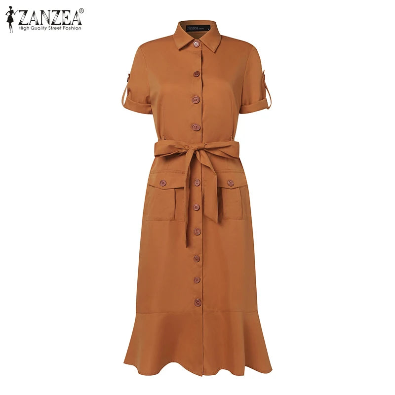 vestido de verão elegante feminino com lapela, vestido de manga curta, macacão, vestimenta elegante OL