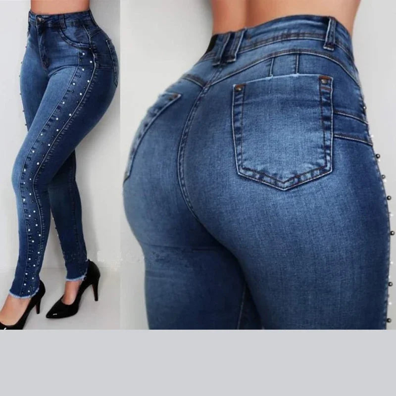 Calça jeans lápis push-up vintage de miçola azul feminina, cintura alta, FRETE GRÁTIS