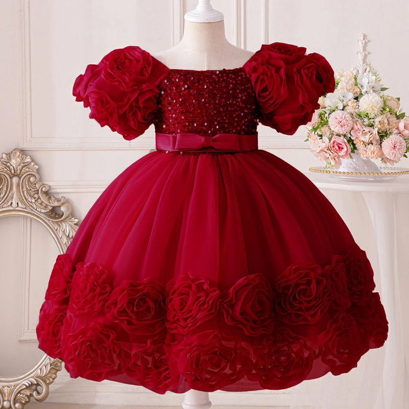 Vestido de festa de princesa com flor 3d, vestido de aniversário com laço, vestidos infantis, FRETE GRÁTIS