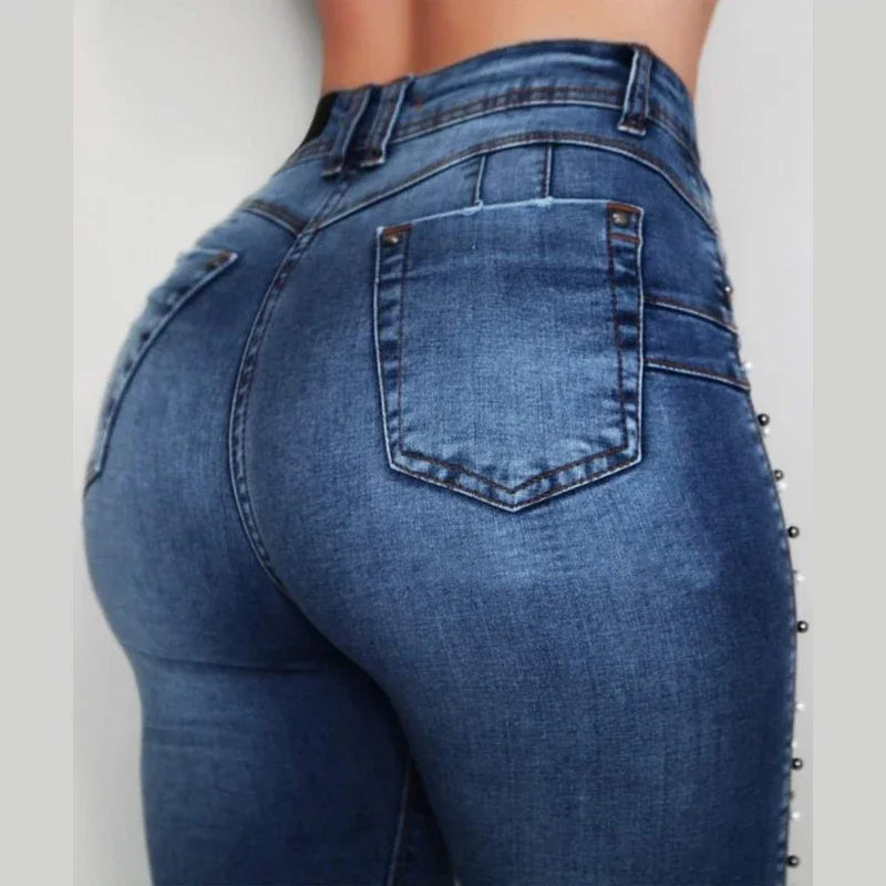 Calça jeans lápis push-up vintage de miçola azul feminina, cintura alta, FRETE GRÁTIS