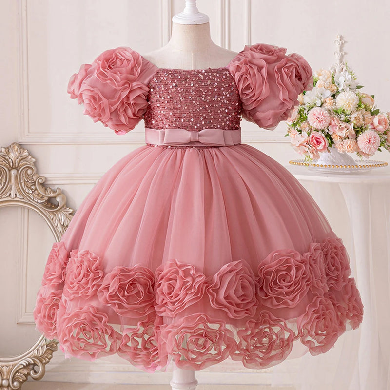 Vestido de festa de princesa com flor 3d, vestido de aniversário com laço, vestidos infantis, FRETE GRÁTIS