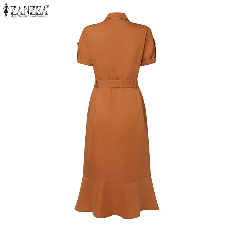 vestido de verão elegante feminino com lapela, vestido de manga curta, macacão, vestimenta elegante OL