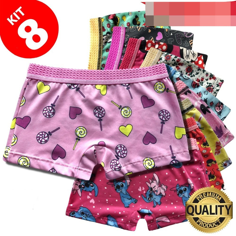 Kit 8 Calcinhas Shortinho Box Infantil Menina Microfibra Estampada, FRETE GRÁTIS