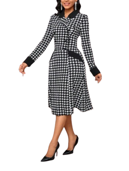 Lady Impressão Houndstooth Trespassado Vestido, FRETE GRÁTIS