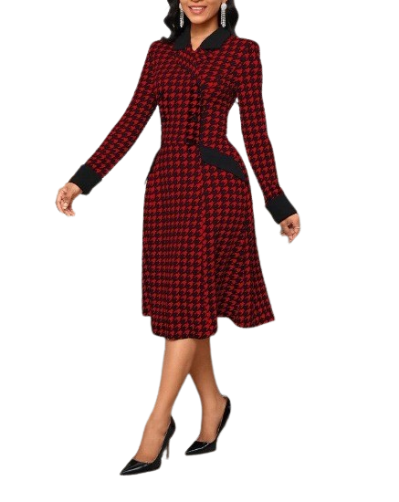 Lady Impressão Houndstooth Trespassado Vestido, FRETE GRÁTIS