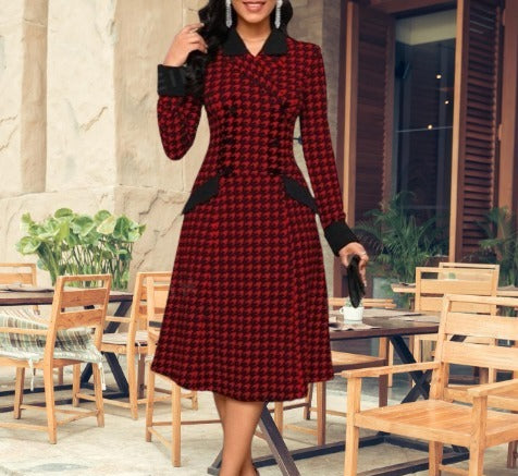 Lady Impressão Houndstooth Trespassado Vestido, FRETE GRÁTIS