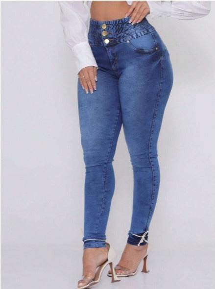 Calça Jeans Feminina Elástico No Cos Cintura Alta Com Lycra, FRETE GRÁTIS