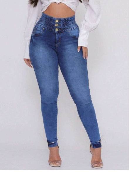 Calça Jeans Feminina Elástico No Cos Cintura Alta Com Lycra, FRETE GRÁTIS