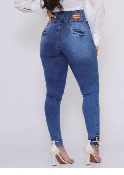 Calça Jeans Feminina Elástico No Cos Cintura Alta Com Lycra, FRETE GRÁTIS