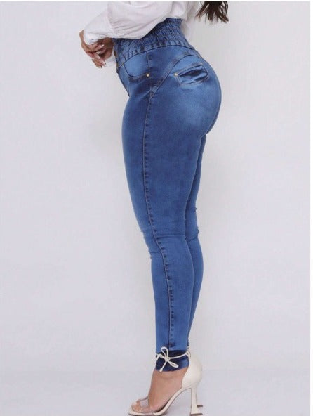 Calça Jeans Feminina Elástico No Cos Cintura Alta Com Lycra, FRETE GRÁTIS