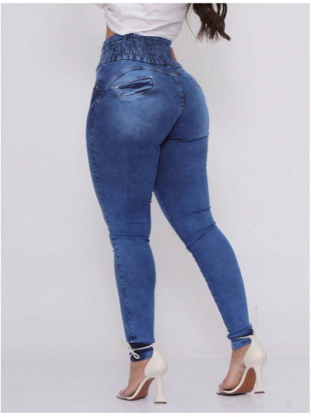 Calça Jeans Feminina Elástico No Cos Cintura Alta Com Lycra, FRETE GRÁTIS