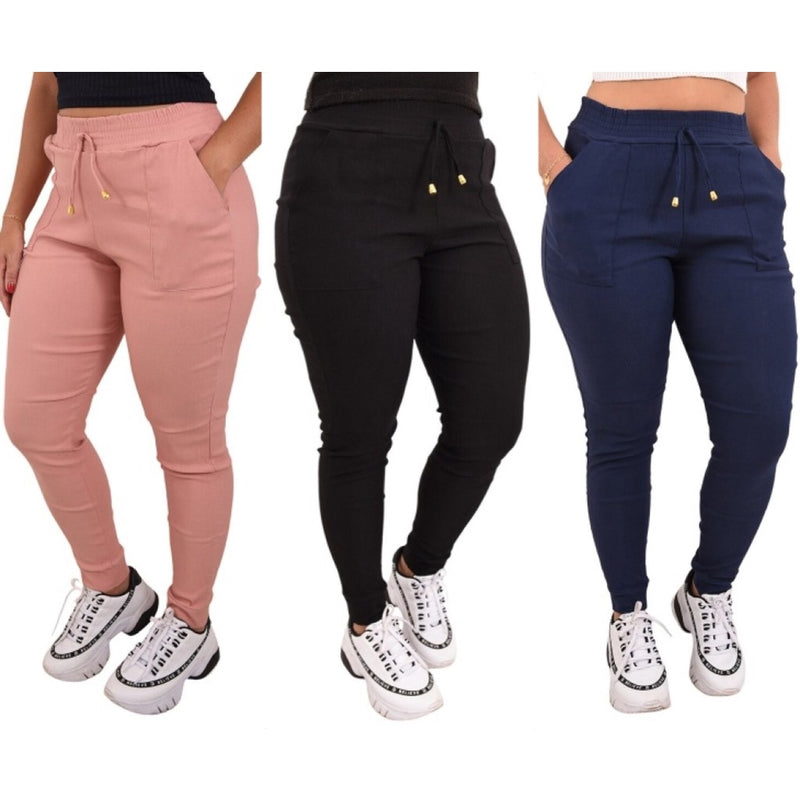 Kit 3 Calças Jogger Feminina Cintura Alta Elastano Bolsos