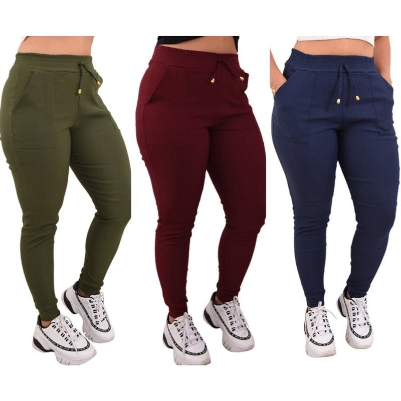 Kit 3 Calças Jogger Feminina Cintura Alta Elastano Bolsos