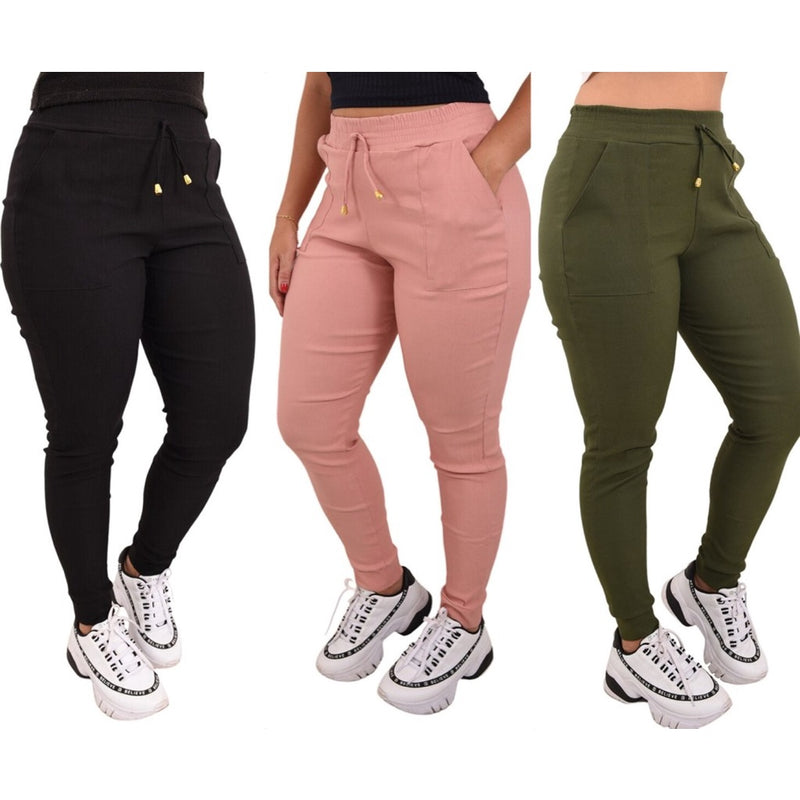 Kit 3 Calças Jogger Feminina Cintura Alta Elastano Bolsos