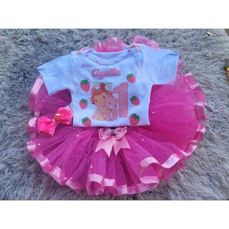 kit Vestido Body Tutu Moranguinho Baby rosa e saia pink e laço de cabelo, FRETE GRÁTIS