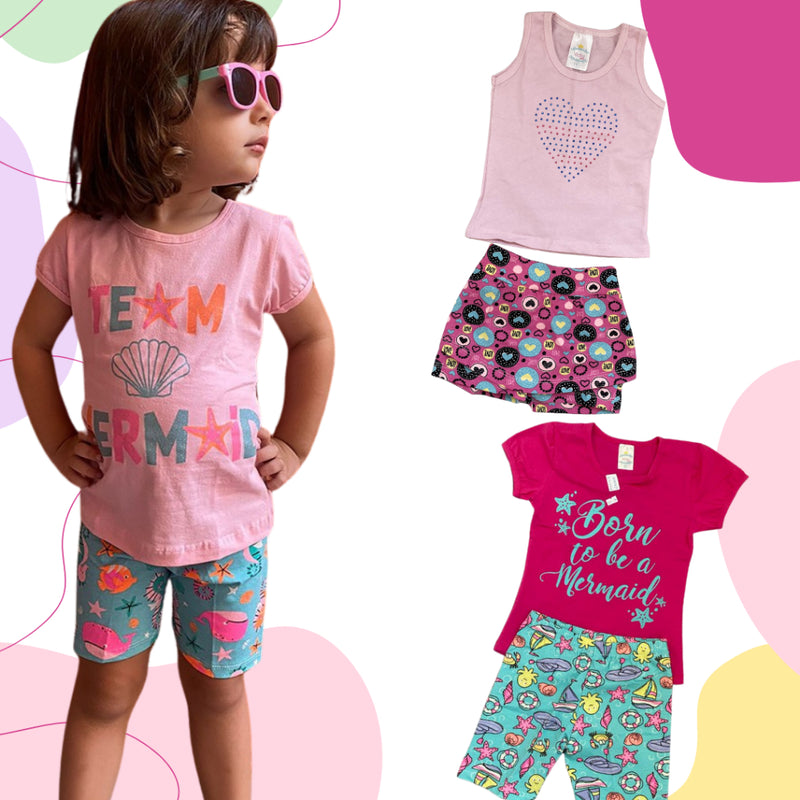 Kit 6 peças Infantil Verão Criança e Juvenil 3 Blusa + 3 Short de Algodão/ Cotton Tamanho 1 ao 16