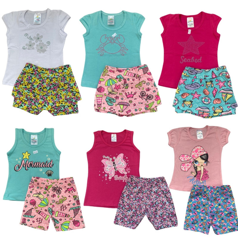 Kit 6 peças Infantil Verão Criança e Juvenil 3 Blusa + 3 Short de Algodão/ Cotton Tamanho 1 ao 16