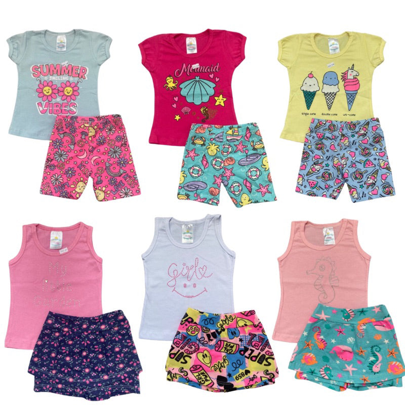 Kit 6 peças Infantil Verão Criança e Juvenil 3 Blusa + 3 Short de Algodão/ Cotton Tamanho 1 ao 16