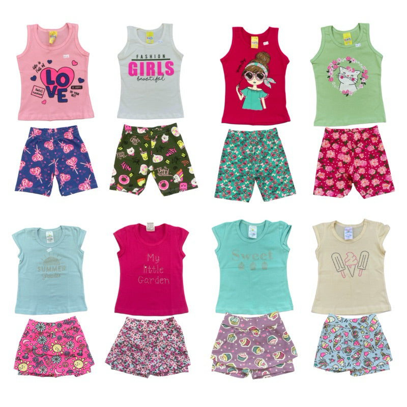 Kit 6 peças Infantil Verão Criança e Juvenil 3 Blusa + 3 Short de Algodão/ Cotton Tamanho 1 ao 16