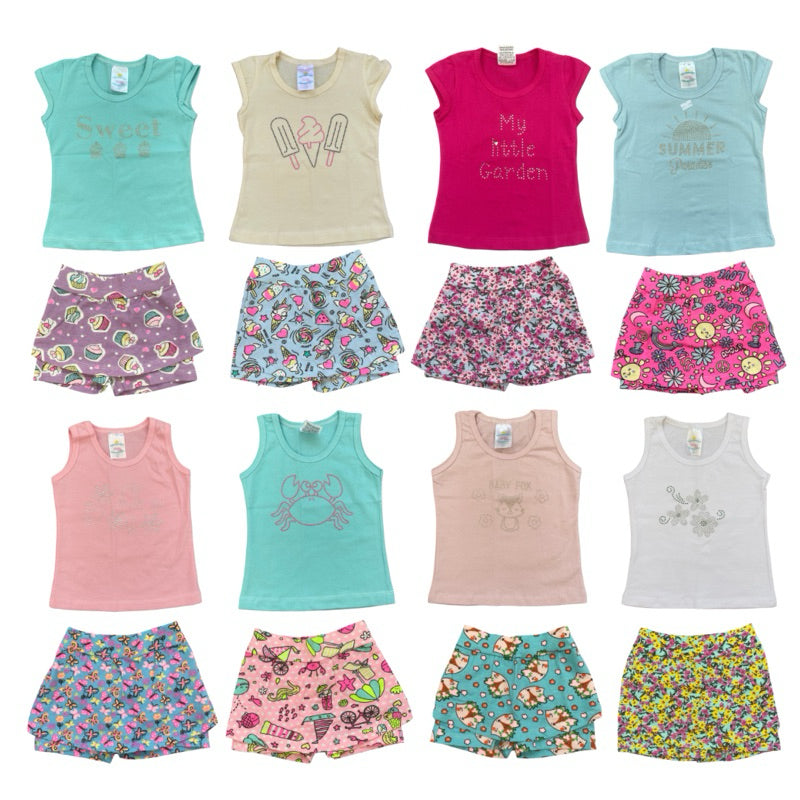 Kit 6 peças Infantil Verão Criança e Juvenil 3 Blusa + 3 Short de Algodão/ Cotton Tamanho 1 ao 16