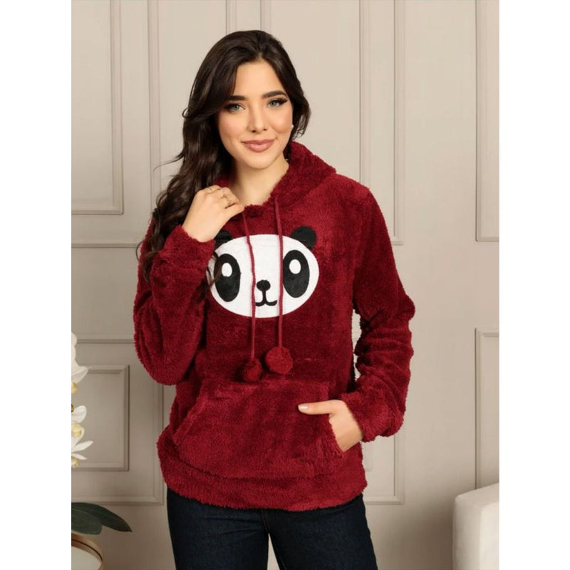 Casaco de moletom de pelinho estampa pandinha blusa inverno feminino capuz promoção