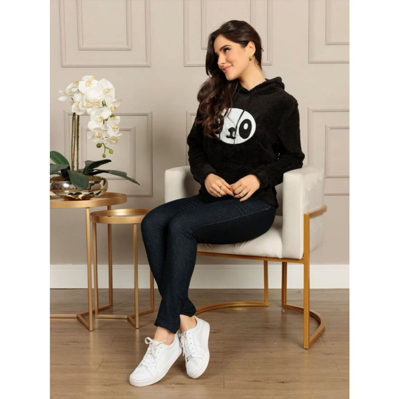 Casaco de moletom de pelinho estampa pandinha blusa inverno feminino capuz promoção