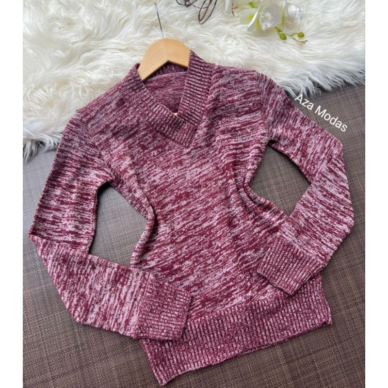 Blusa de frio feminina gola V de tricô suéter casaquinho.