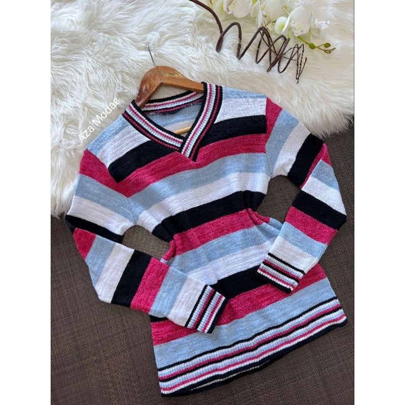 Blusa de frio feminina gola V de tricô suéter casaquinho.