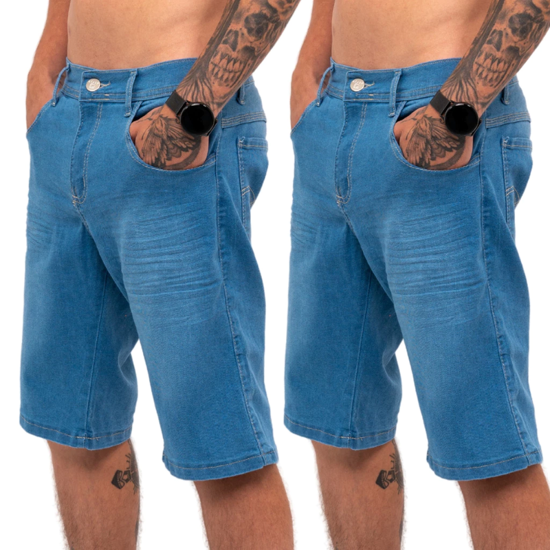 Kit 2 Bermudas Jeans Masculina Lycra Elastano Plus Size Shorts, FRETE GRÁTIS