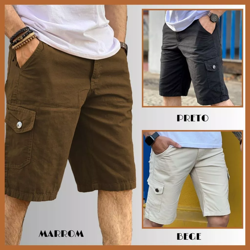 Kit 3 Bermuda Masculina Cargo Short Sarja 6 Bolsos Social, FRETE GRÁTIS