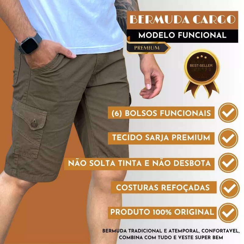 Kit 3 Bermuda Masculina Cargo Short Sarja 6 Bolsos Social, FRETE GRÁTIS