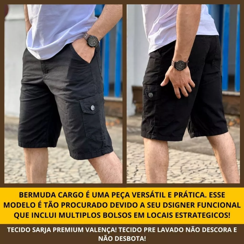 Kit 3 Bermuda Masculina Cargo Short Sarja 6 Bolsos Social, FRETE GRÁTIS